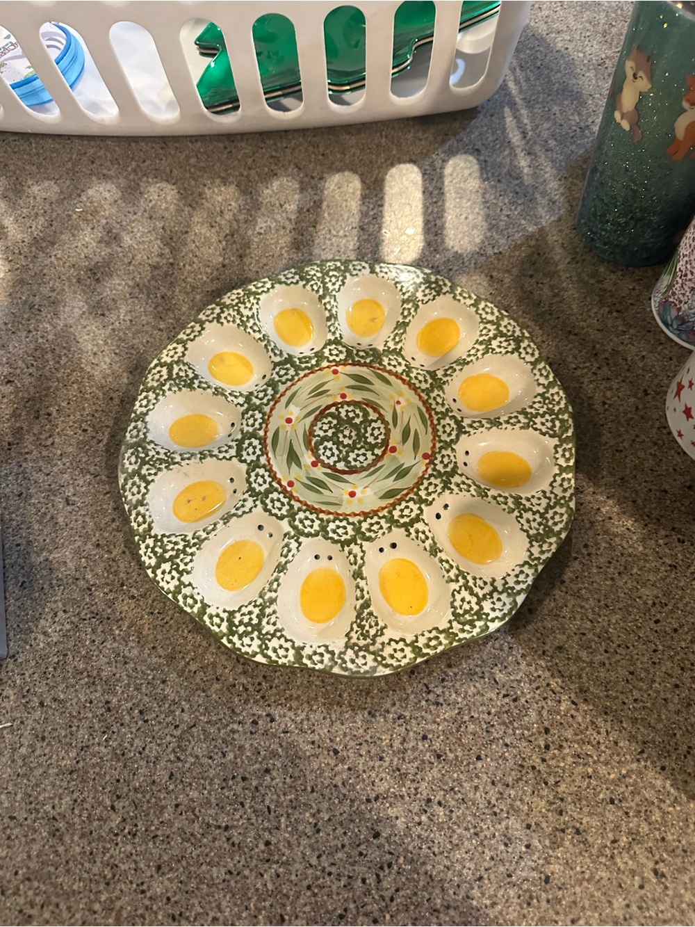 Temp-Tations Green and Yellow Hand-Painted Deviled Egg Platter